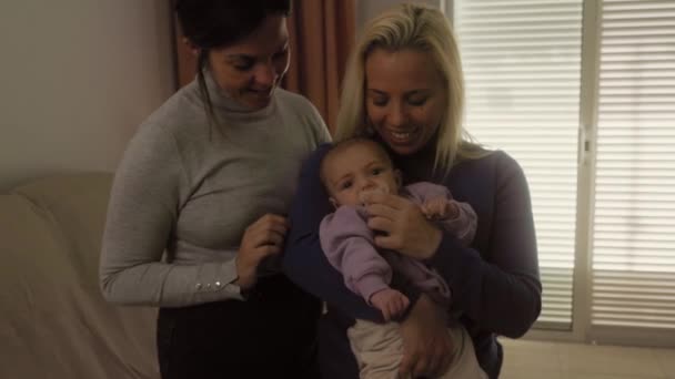 Happy Lesbian Couple Having Tender Moments Small Baby Home Family — Stock video