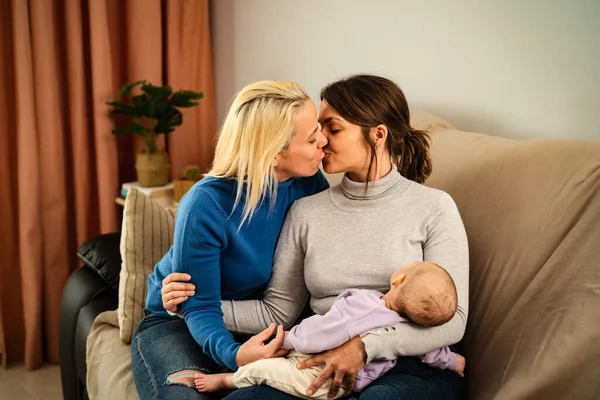 Happy Lesbian Couple Having Tender Moments Small Baby Home Family — Stock Photo, Image