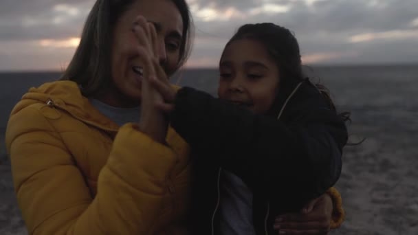 Happy Latin Mother Enjoying Time Her Child Beach Family Love — Stockvideo