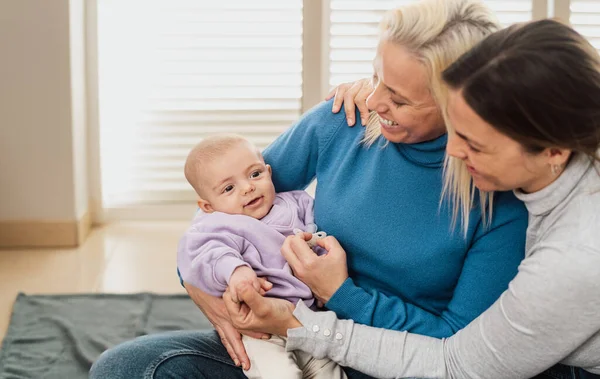Happy Lesbian Couple Having Tender Moments Small Baby Home Lgbt — Stock Photo, Image