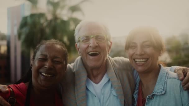 カメラの前で笑顔を楽しむ多様な年齢の幸せな多人種の人々屋外 — ストック動画
