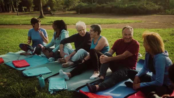 Группа Многорасовых Старших Друзей Отдыхает Сидя Коврике После Тренировки Здоровье — стоковое видео