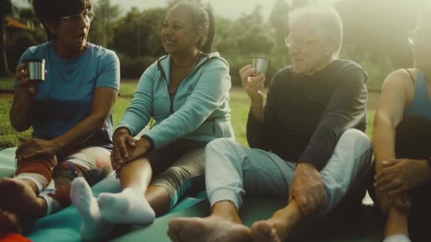 Felice Multirazziale Anziani Amici Bere Dopo Sessione Allenamento Parco — Video Stock