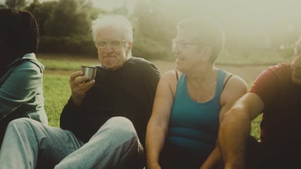 Glückliche Multiethnische Senioren Freunde Trinken Einen Tee Nach Einer Trainingseinheit — Stockvideo