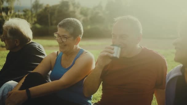Glückliche Senioren Trinken Nach Einer Trainingseinheit Park Einen Tee — Stockvideo