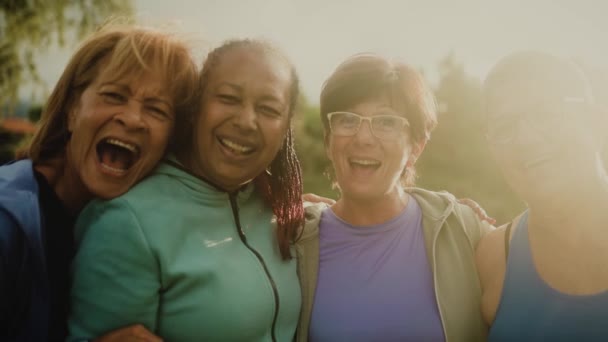 Glückliche Multirassische Freundinnen Die Nach Einer Trainingseinheit Park Vor Laufender — Stockvideo