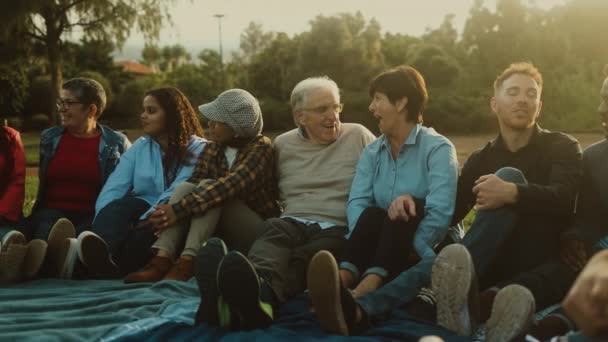 公園で草の上で一緒に座って楽しむ幸せな多世代の人々 人々の多様性の概念 — ストック動画