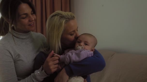 Happy Lesbian Couple Having Tender Moments Small Baby Home Family — 图库视频影像