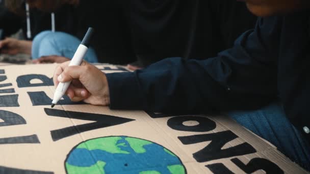 Multiracial Activists Designing Protest Signs Climate Change Global Warming Concept — Stock Video