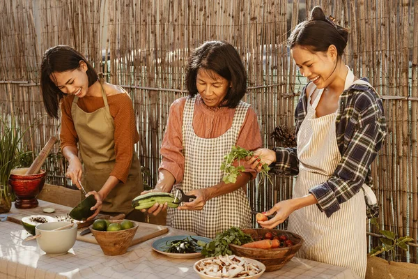 Happy Southeast Asian Family Bersenang Senang Menyiapkan Resep Makanan Thailand — Stok Foto