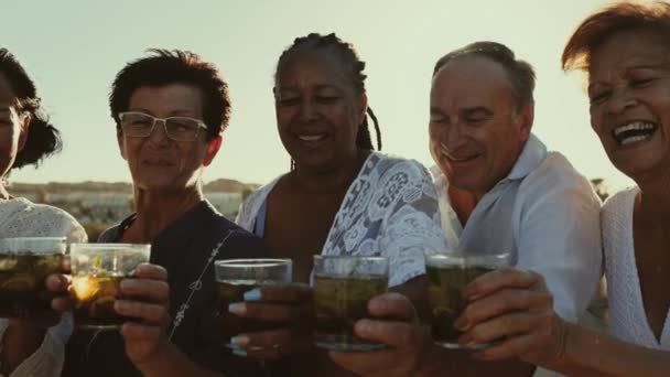 Glada Flerrasiga Seniorvänner Som Dricker Och Skålar Stranden Solnedgången Äldre — Stockvideo