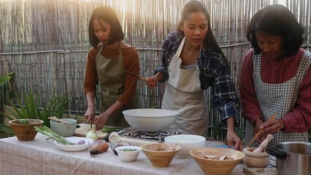 东南亚母亲和女儿们在自家庭院里一起准备泰国菜 — 图库视频影像