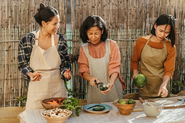 Happy Southeast Asian Family Bersenang Senang Menyiapkan Resep Makanan Thailand — Stok Foto