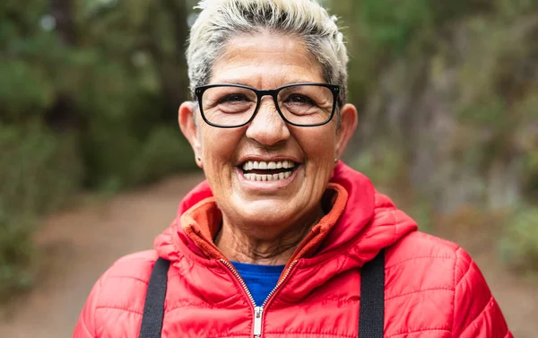 Happy Senior Woman Having Fun Trekking Activities Day Woods Adventure Stock Photo