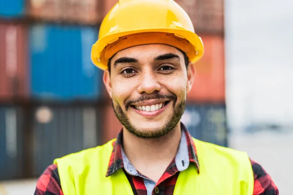 Happy Young Man Working Logistic Terminal Container Cargo Стоковая Картинка