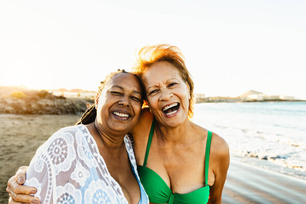 Happy Senior Multiracial Women Having Fun Beach Summer Holidays Diverse Stock Picture