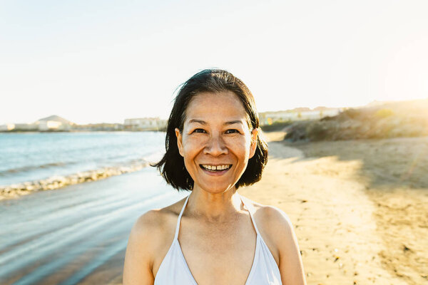 Happy Thai Woman Having Fun Beach Summer Vacation Stock Image