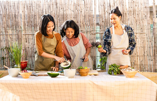 Happy Southeast Asian Mother Daughters Having Fun Cooking Thai Food Royalty Free Stock Photos