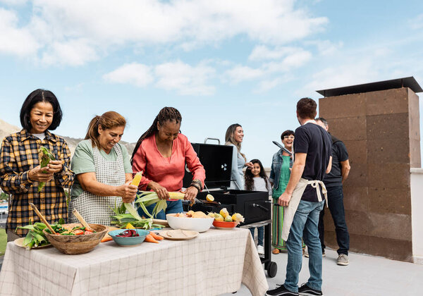 Multigenerational Friends Having Fun Doing Barbecue House Rooftop Happy Multiracial Royalty Free Stock Images