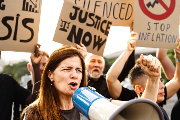 Multiracial People Protesting Financial Crisis Global Inflation Economic Justice Activism Stock Image
