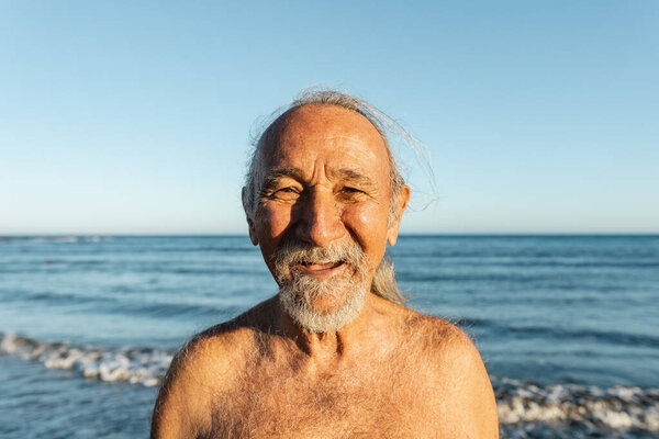 Happy Elderly Man Having Fun Beach Summer Vacation Stock Picture