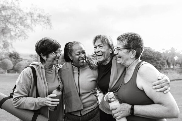 Happy Multiracial Senior Women Having Fun Workout Exercises Park Stock Photo