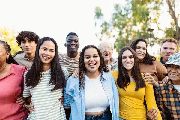 Happy Multigenerational People Different Ethnicities Having Fun Together Public Park Royalty Free Stock Photos