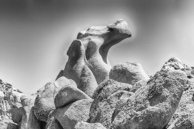 Dragon shaped rock in a place called Moon Valley (or Valle della Luna), beach dotted with granite rocks and caves in Capo Testa, Sardinia, Italy