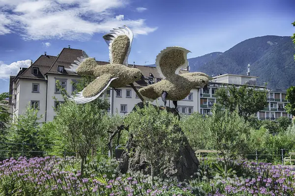 Merano, İtalya - 22 Temmuz 2024: Doğal malzemeden yapılmış iki dev kuş heykeli kanatlarını Merano, Güney Tyrol, İtalya 'daki bir şehir parkında açıyorlar