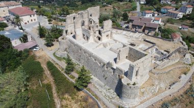 Aerial view with the ruins of the castle in Fiumefreddo Bruzio, small picturesque village in Province of Cosenza, Italy clipart