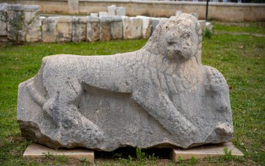 Statues, sarcophagi and other artifacts from the ancient city of Perge are exhibited in the Antalya Museum. Rows of columns in Perge, Antalya, Turkey. Remains of colonnaded street in Pamphylian ancient city.Rows of columns in Perge, Antalya, Turkey. clipart