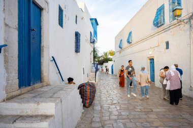 Beyaz-mavi şehir Sidi Bou Said, Tunus. Fransız tılsımlı doğu masalı. Eski tarihi bir binanın manzarası, Sidi Bou Kartaca, Tunus.