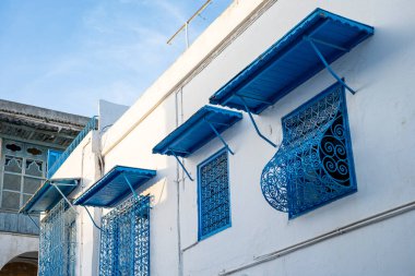 Beyaz-mavi şehir Sidi Bou Said, Tunus. Fransız tılsımlı doğu masalı. Eski tarihi bir binanın manzarası, Sidi Bou Kartaca, Tunus.