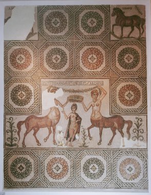 Bardo Ulusal Müzesi Roma mozaiğinin kalıntılarını sergiliyor. Tunus 'taki Bardo Müzesi' nin içinde. Bardo müzesi. Dünyaca ünlü Roma mozaik koleksiyonu ve bir sürü Roma hazinesi barındırıyor. Tunus, Tunus