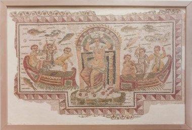 Bardo Ulusal Müzesi Roma mozaiğinin kalıntılarını sergiliyor. Tunus 'taki Bardo Müzesi' nin içinde. Bardo müzesi. Dünyaca ünlü Roma mozaik koleksiyonu ve bir sürü Roma hazinesi barındırıyor. Tunus, Tunus