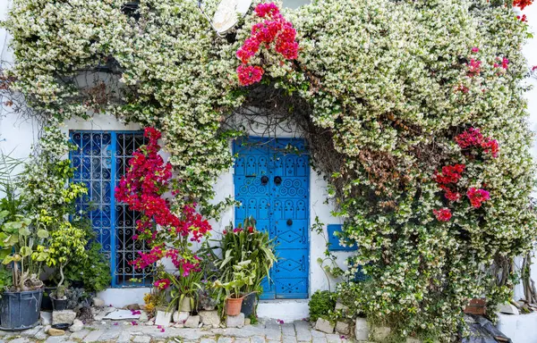 Beyaz-mavi şehir Sidi Bou Said, Tunus. Fransız tılsımlı doğu masalı. Eski tarihi bir binanın manzarası, Sidi Bou Kartaca, Tunus.