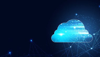 Büyük veri ve bilgi kavramına sahip soyut bulut teknolojisi bulut içinde veri toplayarak yüksek teknoloji arka planında büyük veri depolama sistemleri ile bağlantı.