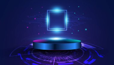 Özet olarak taban, sahne, podyum, güzel ışıklandırma, modern, daire, teknoloji, siyah, pembe ve mor arkaplan, parlak neon.