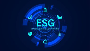 Soyut teknoloji fütüristik konsept ESG dijital daire simgesi modern mavi arkaplan üzerine bilgiName