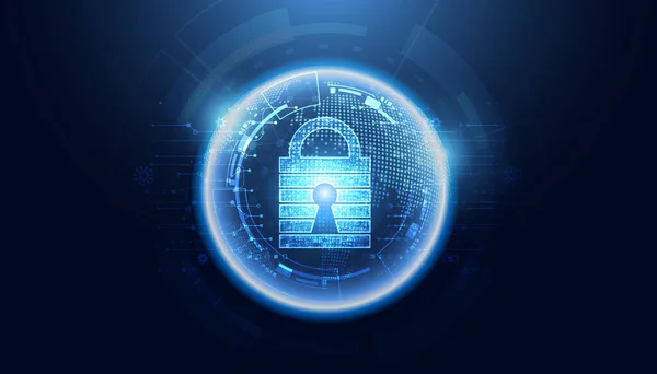 抽象的なグローバルドットネットワークサークルデジタルサイバーセキュリティ南京錠接続と通信未来的青の背景 — ストックベクタ