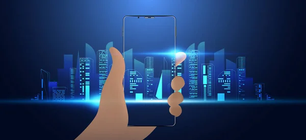 Résumé Main Tenant Smartphone Smart City Arrière Plan Concept Hologramme — Image vectorielle