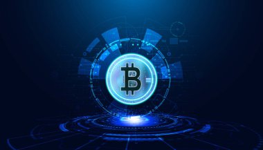 Soyut arkaplan dijital konsepti, modern dijital çember, bitcoin, kripto para birimi, merkeziyetçilikten arındırılmış, siyah ve mavi arkaplan üzerindeki engelleme zinciri, gelecekçi