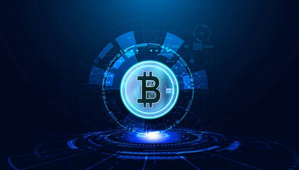 要約背景デジタル概念 現代のデジタルサークル ビットコイン 暗号通貨 分散型 黒と青の背景にブロックチェーン — ストックベクタ