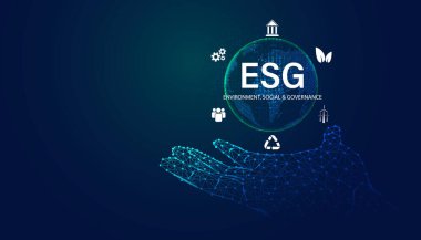 Soyut, dijital eller, kablolar ve ESG simgeleri, Çevre, Sosyal ve Kurumsal Yönetim kavramı, sürdürülebilir kurumsal kalkınma kavramı. Sorun Çözme ve Sürdürülebilir İş Afişi