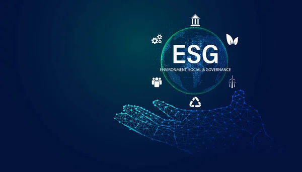 Soyut, dijital eller, kablolar ve ESG simgeleri, Çevre, Sosyal ve Kurumsal Yönetim kavramı, sürdürülebilir kurumsal kalkınma kavramı. Sorun Çözme ve Sürdürülebilir İş Afişi