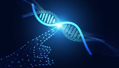 Abstract hand digital wireframe pointing dna concept medical science experiment and gene editing on blue background beautiful modern