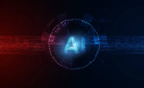 概要人工知能現代のデジタルコンセプト回路基板と赤と青の背景の円未来的な美しいハイテク — ストックベクタ