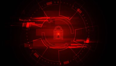 Kırmızı arkaplanda soyut çember dijital siber güvenlik asma kilit bağlantısı ve iletişim fütüristik.
