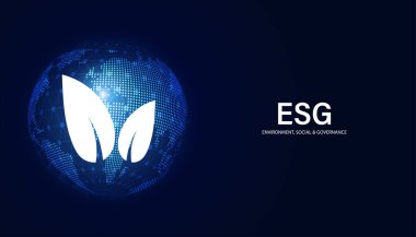 Soyut ESG konsepti Çevre, Sosyal ve Yönetim, mavi bir arkaplanda simge yaprağı ve dijital dünya üzerine resimli fikir