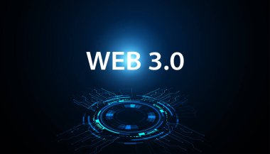 Dijital Web 3.0 konsepti. Semantik Web ve AI algoritmaları güzel mavi bir arkaplan üzerinde DeFi, Crypto, NFT, DApps, Smart Contract veya Blockchain gibi verileri analiz eder, yorumlar ve değerlendirir..